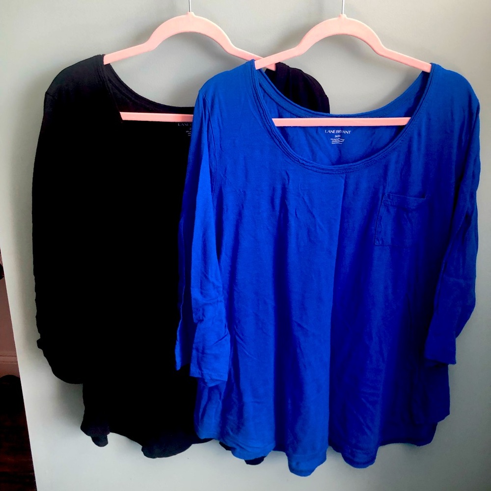 26/28 Lane Bryant 3/4 length cotton pocket tee with scoop neck, blue and black